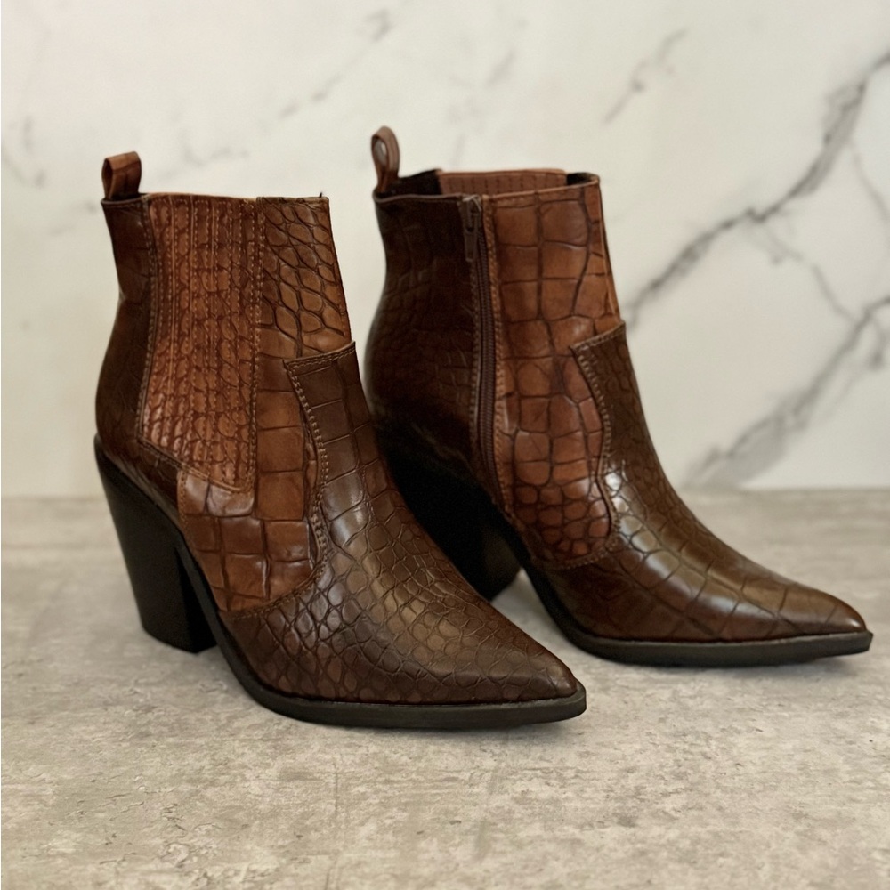 ASOS Brown Croc-Pattern Ankle Booties